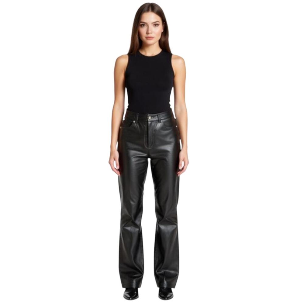 Newport News Leather Pants Women's Sz 6 Black Bootcut Lined Classic Dressy Biker